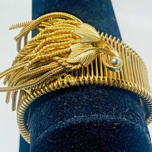 Vintage Signed Alice Caviness Gold Tone Wire Filigree Mesh‎ Leaf Bracelet RARE